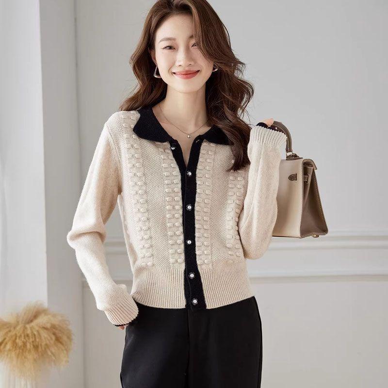 Women's Spring & Autumn Color-Block Collared Knit Cardigan High-End Outer Wear Stylish Top Sweater Short Jacket