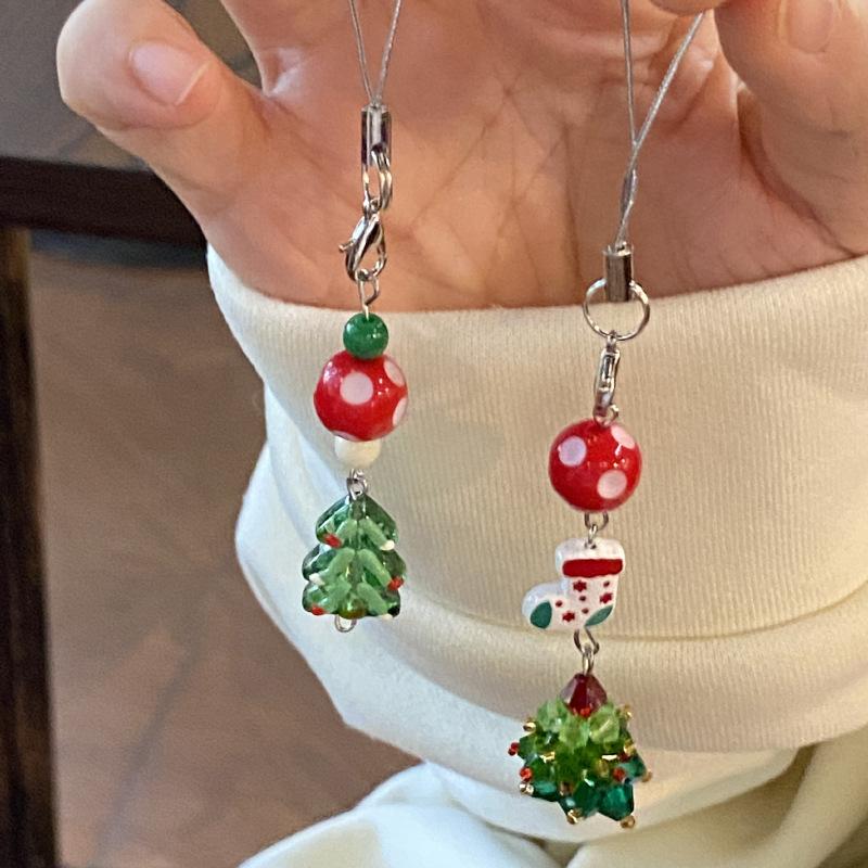 Cute Christmas Tree Snowman Crystal Bead Mobile Phone Pendant Exquisite Bag Hanging Decoration Sweet Versatile Keychain Gifts