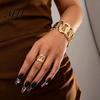 Daily Wear Jewelry Set 2Pcs Hollow Twisted Statement Set, Open Adjustable Cuff Bangle Iron Wrist & Wide Ring, Golden Plated Metal for Women