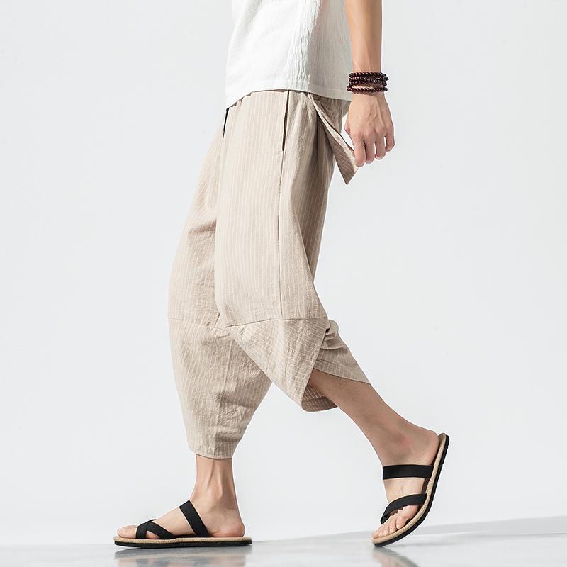 Harajuku Casual Wide Leg Harem Pants Men 2024 Summer Cotton Baggy Pants Striped Calf Length Trousers