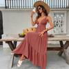 Summer New Solid Color Big Swing Deep V-Neck Holiday Style Dress European and American Beach Long Dress for Women