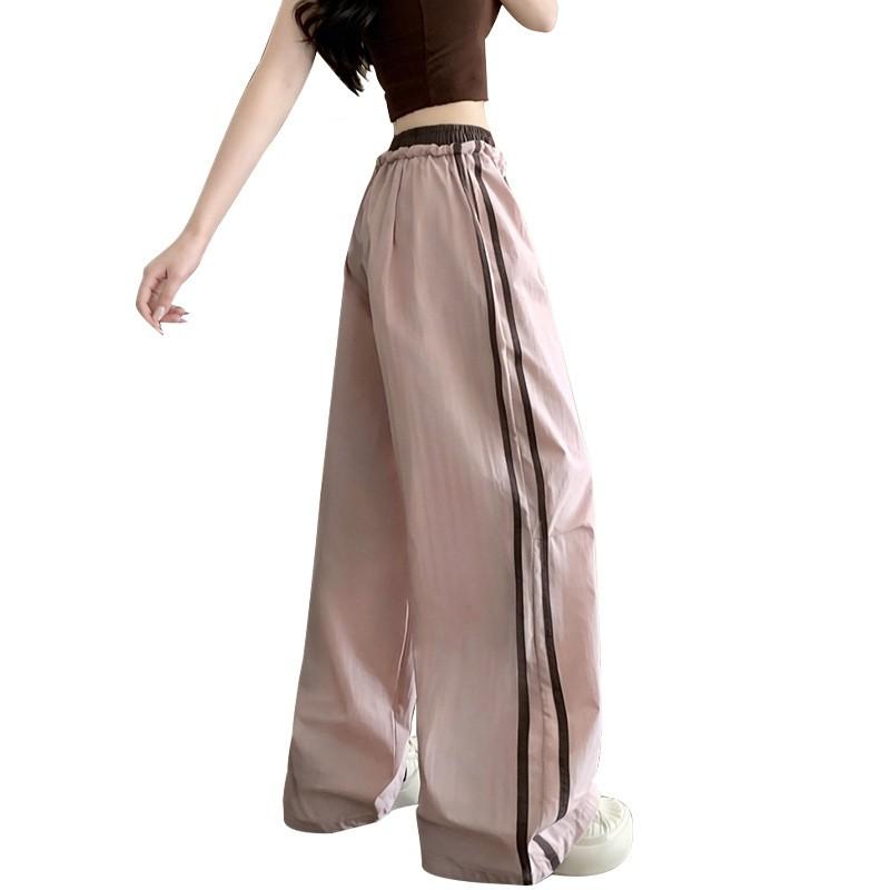 Womens High-Waisted Wide-Leg Striped Quick-Dry Cargo Pants Cotton Nylon Blend Lightweight