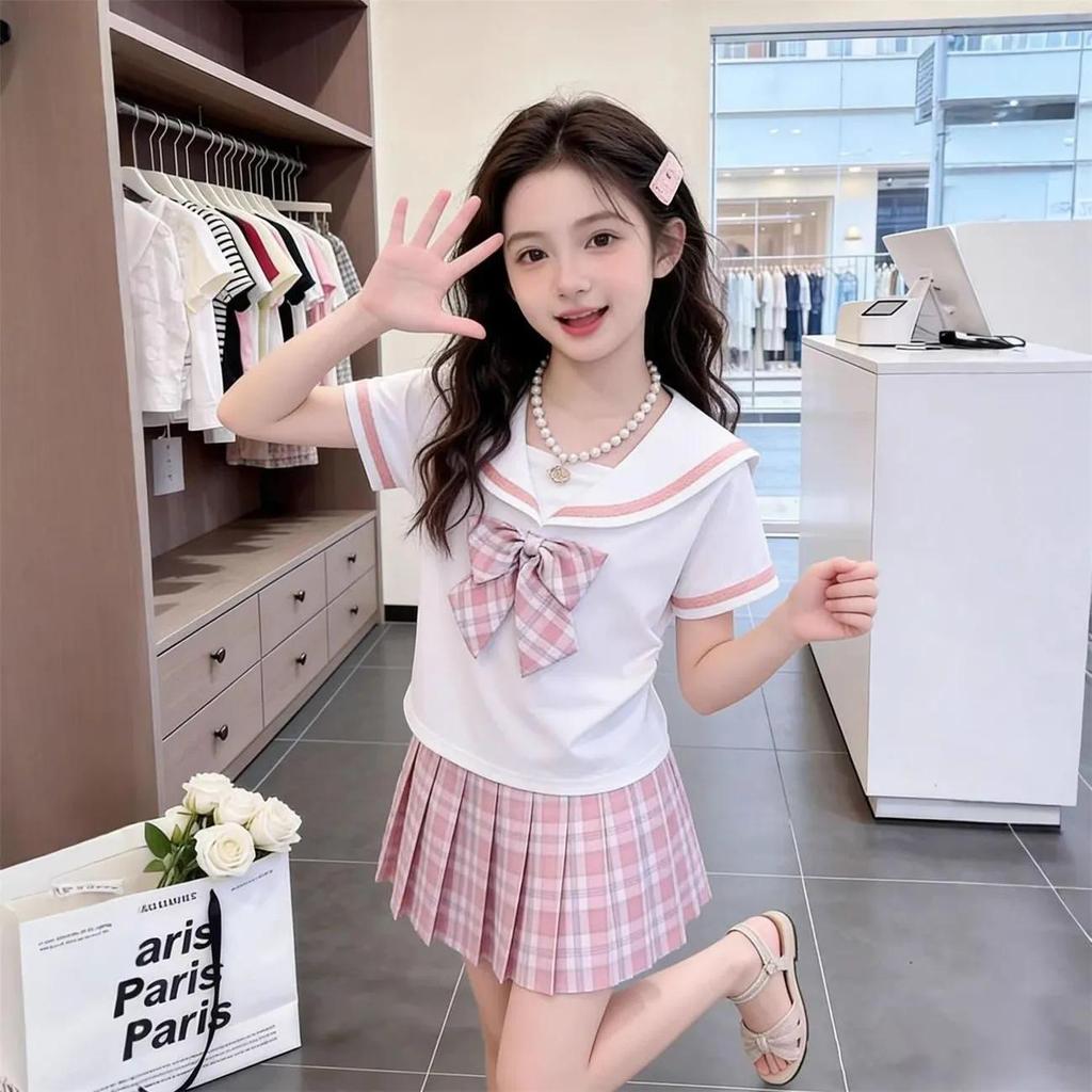 Girls' Summer JK Uniform Plaid Pleated Skirt Set - Sweet & Stylish Two-Piece