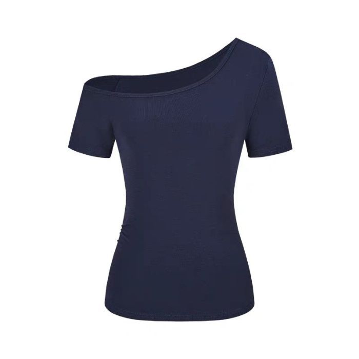

Off-shoulder short-sleeved T-shirt women s slanted shoulder summer slim-fitting versatile top, thin design sense design sense bottoming shirt s (recommended within 50kg ) тёмно-синий