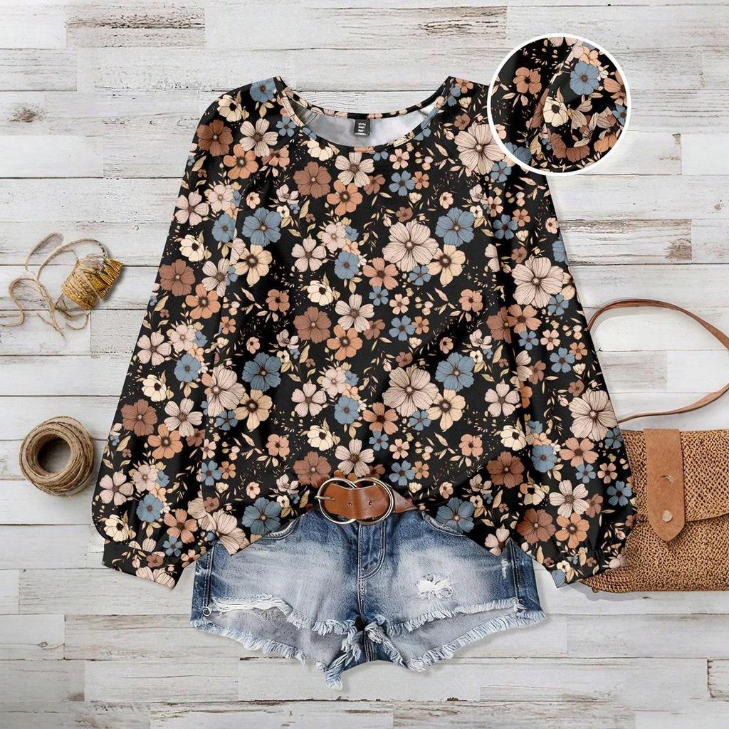 European & American Plus Size Floral Elegant Casual Loose Round Neck Women's Top