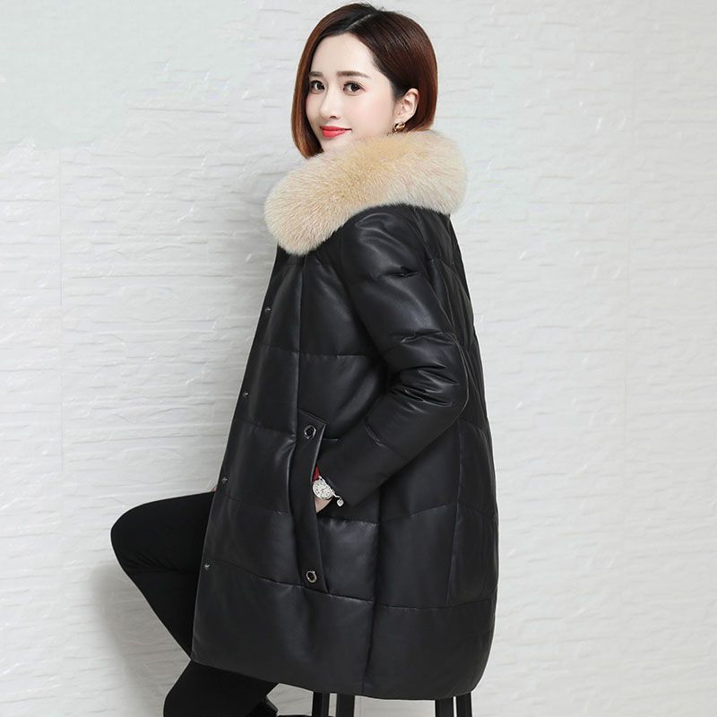Cotton Jacket Women's Loose Autumn and Winter New Large Fur Collar Leather Jacket Large Size Thickened Cotton Jacket Medium and Long