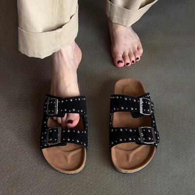 Retro Plateau-Slipper für Damen für den Außenbereich Sommer Neu Runde Zehenpartie Offene Zehenpartie Besetzt Einriemen-Schnalle Flache Schuhe