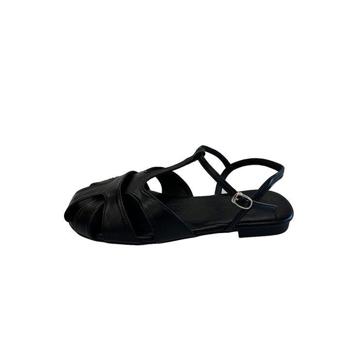 Soft leather version~ retro literary and artistic hollow bag head sandals women's one-word buckle woven flat-soled Roman shoes casual pig cage shoes
