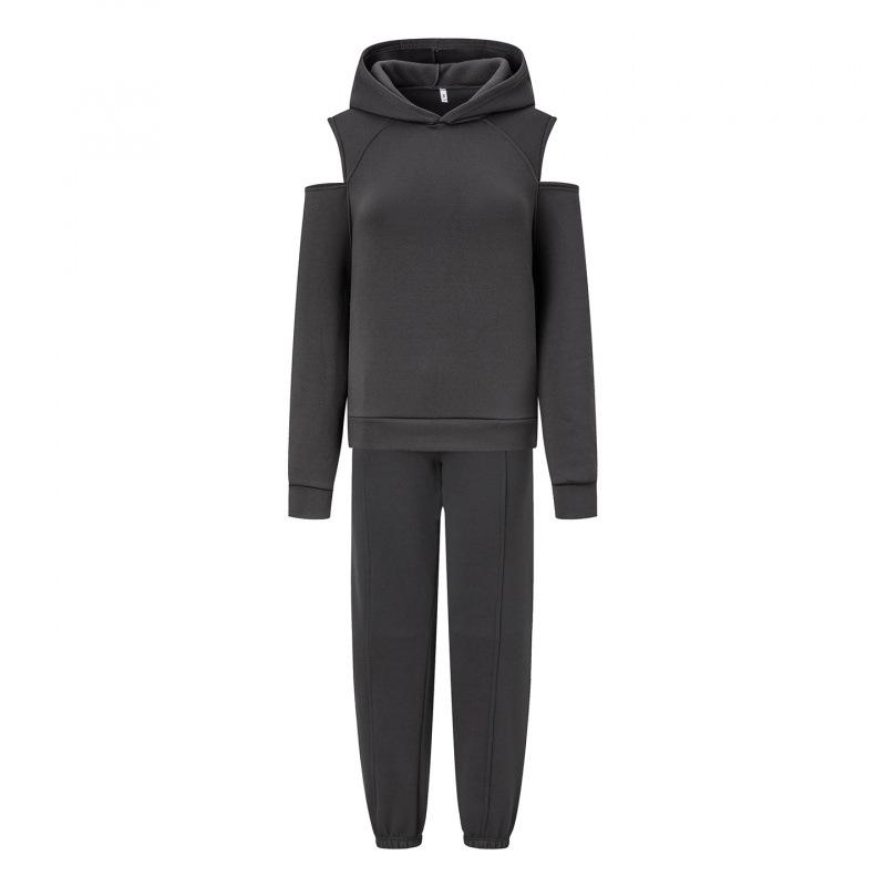 

2026 Women s European & American Fashion Solid Color Two-Piece Set: Hooded Cropped Sweatshirt & Joggers 2XL темно-сірий