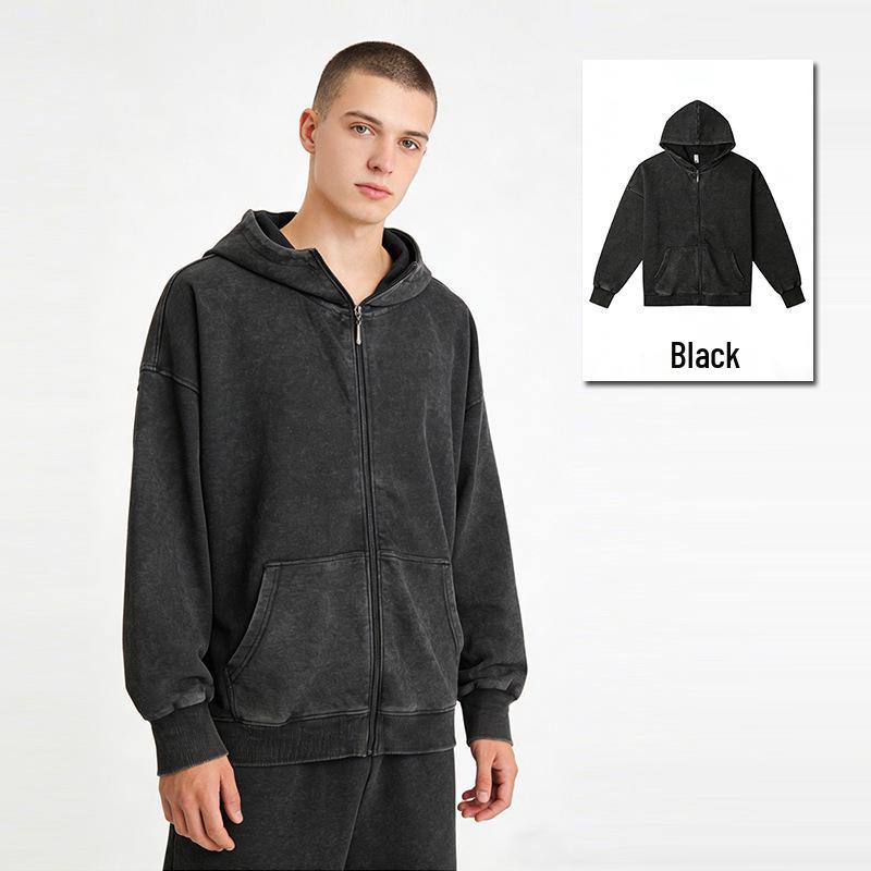 European Style 350g Cotton Hooded Distressed Zip-Up Cardigan - Unisex Trendy Jacket