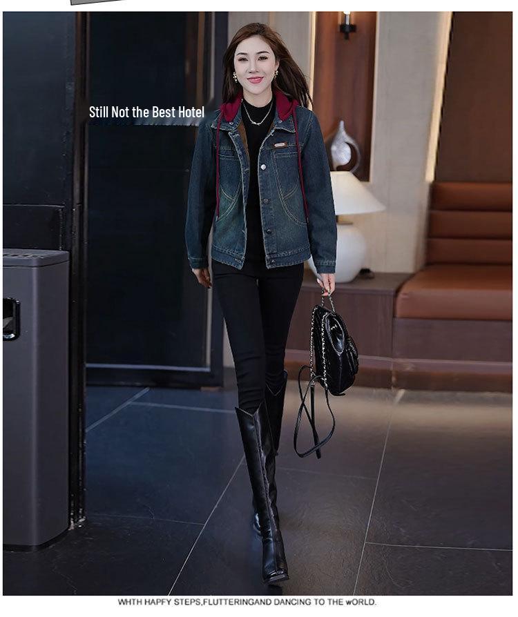 Women's Thick Velvet Hooded Denim Jacket - Autumn/Winter 2025 Chic Casual Top