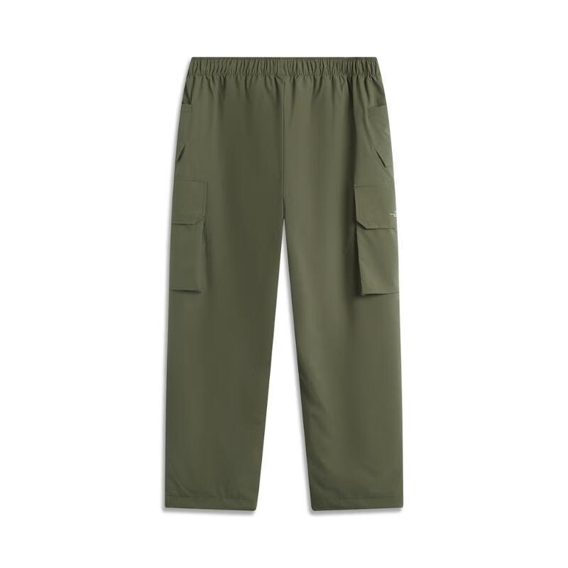 Li-Ning Comfortable Casual Simple Loose Solid Color Mid Waist Drawstring Sports Long Pants Men Bottoms Military-Green AYKV107-5