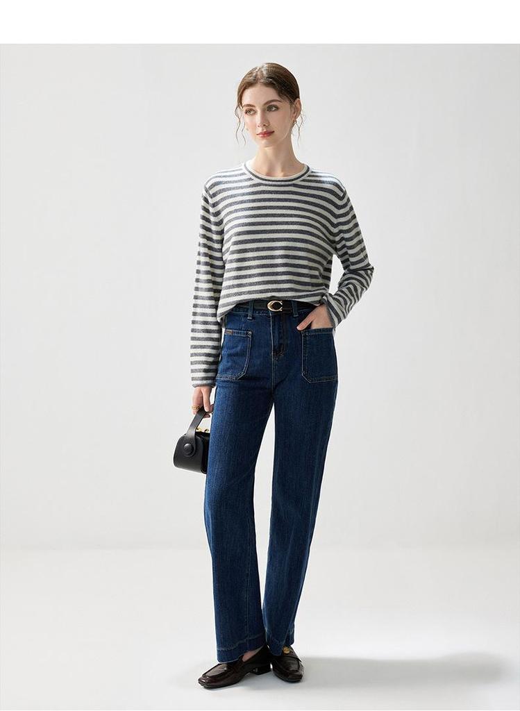 2026 Autumn/Winter Women's Cashmere Striped Loose Sweater - Elegant Round Neck, Slimming and Warm
