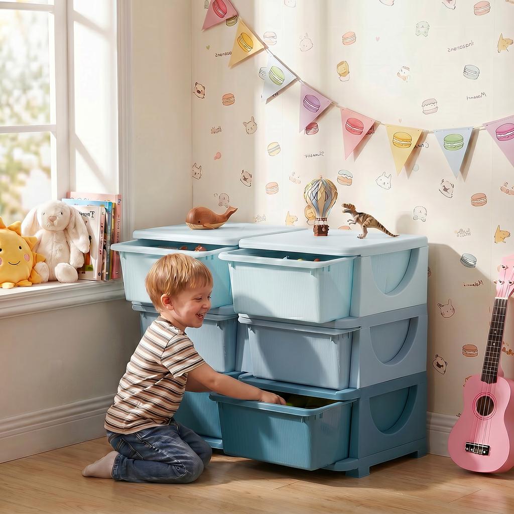 Children's Toy Organizer, 3-Tier, 6 Drawers, Plastic Boxes, 75 x 37 x 56.5 cm, Blue