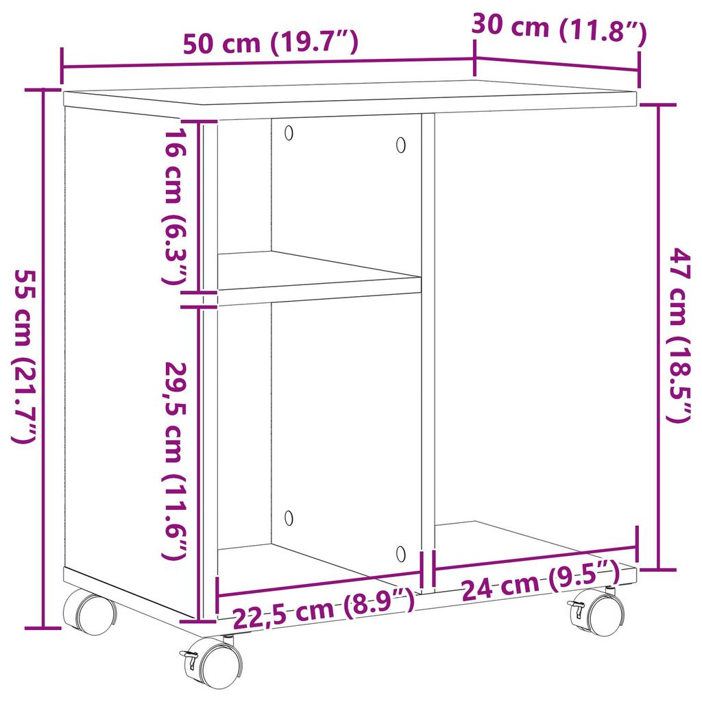 vidaXL Beistelltisch mit Rollen Artisan Eiche 50x30x55cm Holzwerkstoff