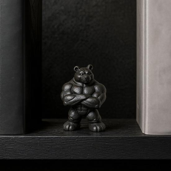 3D Printed Muscle Bear Statue Matte Black Fitness Ornament for Office Bookshelf Gym