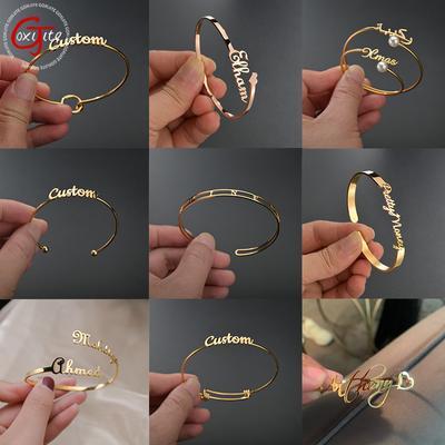 Goxijite Custom Big Name Bracelet Personalized Heart 2 Names Bangles Women Men Stainless Steel Jewelry Accessories