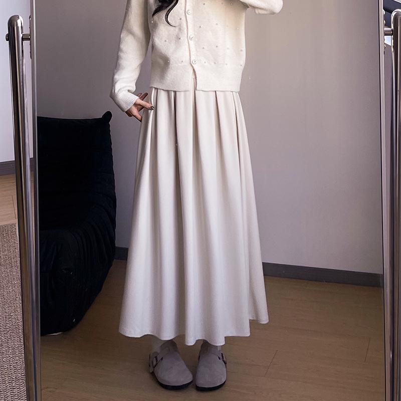 

Women s 2025 High-Waisted Black Glutinous Rice A-Line Knit Skirt for Autumn/Winter - Slim Fit, Long Style XL брудно-білий