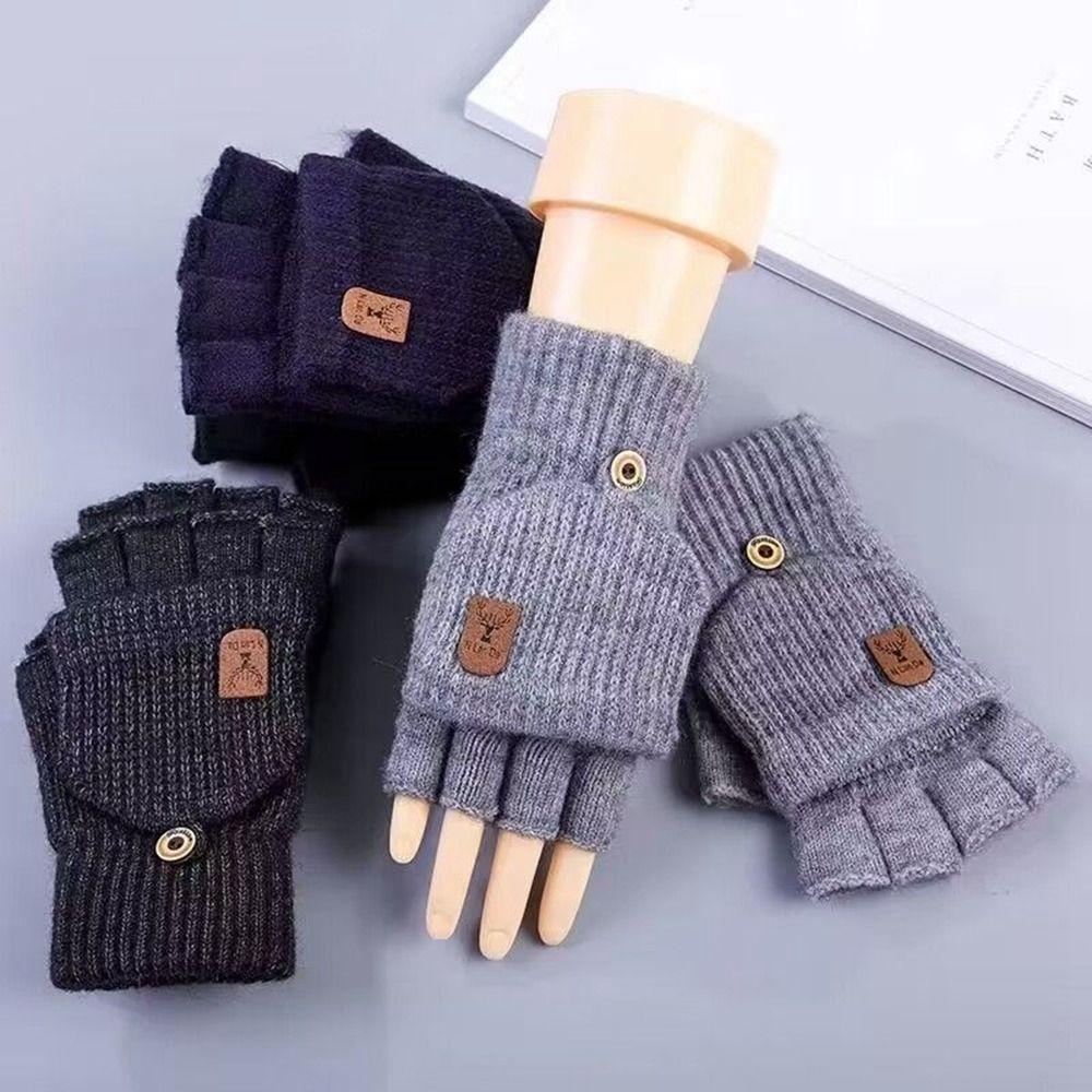 Thick Fingerless Gloves Solid Color Half-finger Gloves Soft Men Wool Mittens  Student