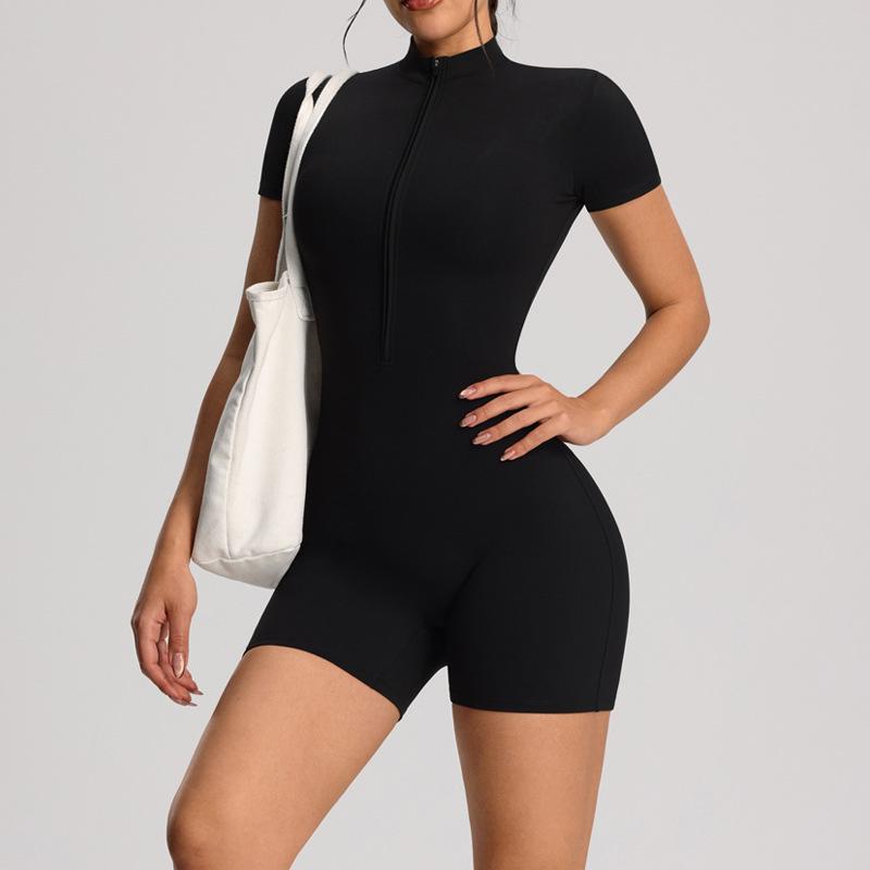 

European Style Zipper Short-Sleeve Yoga Jumpsuit - Women s Tight-Fitting Running & Fitness One-Piece Small