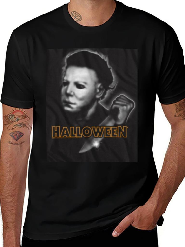 Mens  Womens Halloween Michael Myers Airbrush Graphic TShirt  Black Horror Movie Tee with Orange Lettering