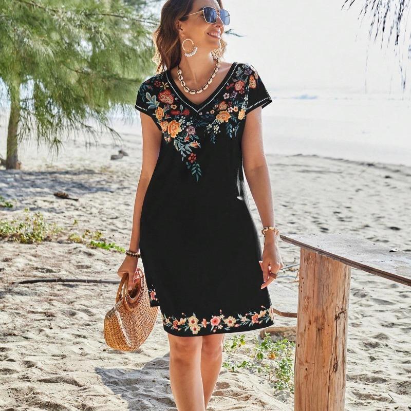 

Летние новые короткие рукава А-силуэта повседневные платья для отдыха женские модные свободные талии элегантные принты короткое платье женское винтажное облегающее пляжное женское платье 25881 XL чёрный