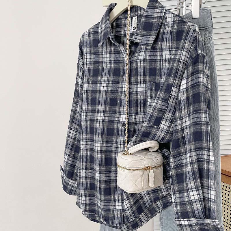 

Женская клетчатая рубашка весна/осень, ретро, свободная, модная клетчатая блузка, топ, премиальная уличная одежда, повседневная верхняя одежда XL темно-синий