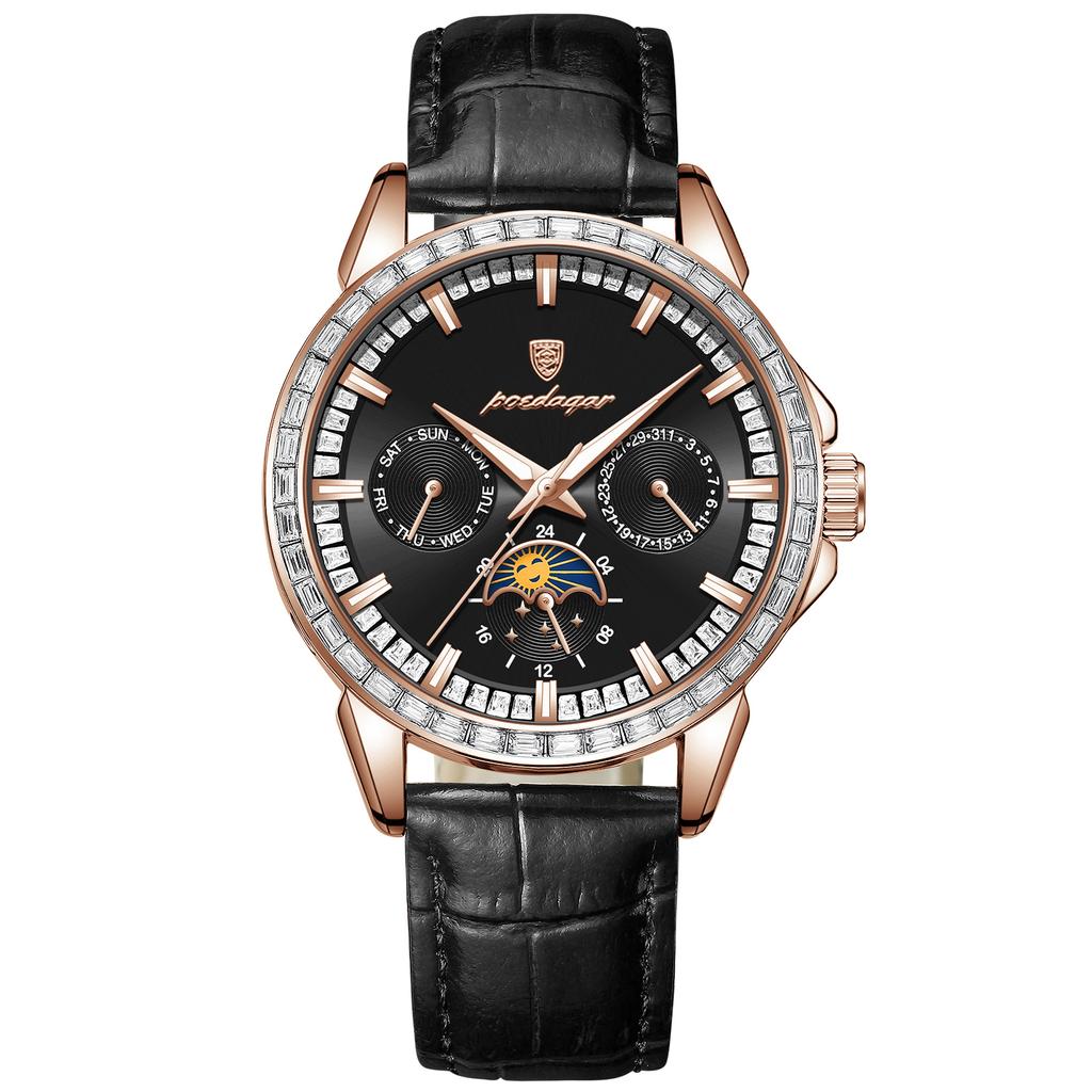 Herren-Quarzuhr mit Diamantenbesatz, Drei-Augen-Sechs-Zeiger-Mondphasen-Zifferblatt, Wasserdichte Herrenuhr mit Leuchtzeigern für Business und Freizeit, Geschenk für die Feiertage