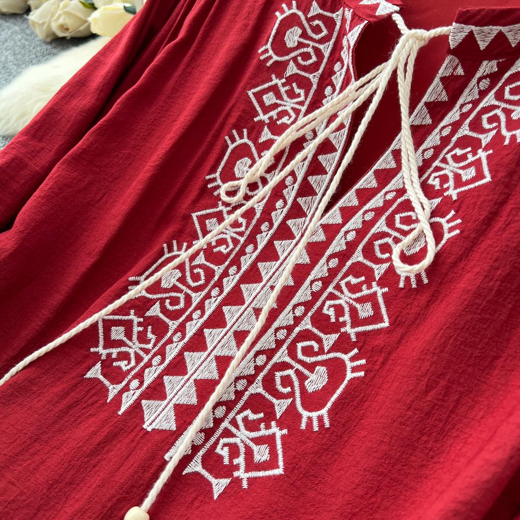 Schickes Vintage Langarm Locker Schlank Elegant Fee Koreanische Mode Boho Sommerkleid Damenbekleidung Langes Kleid