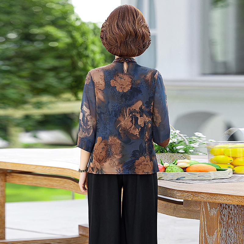 

Блузка в китайском стиле из пряжи Сянъюнь с рукавом средней длины для женщин среднего и пожилого возраста - Летняя футболка из искусственного шелка XXL for 110-125 lbs синий