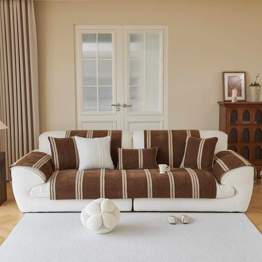 Uproszczony Paski Polar Dekor Chenille Pokrowiec na Sofę Antypoślizgowy Pokrowiec na Poduszkę Kanapową do Salonu Ręcznik na Sofę na Cztery Sezony