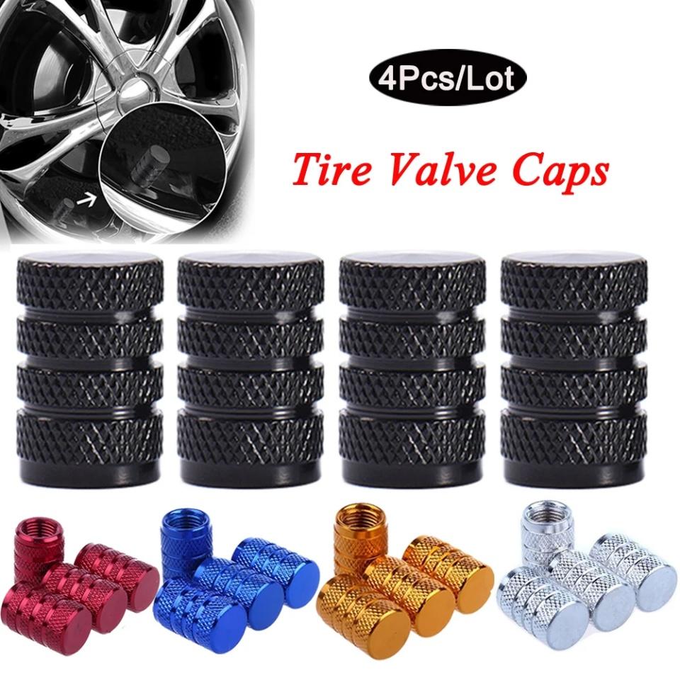 4pcs Knurling Style Tire Valve Caps Aluminum Silver Car Bike Wheel Stem Air Valve Caps Tire Pressure Cap Accessory Valve Stems 1