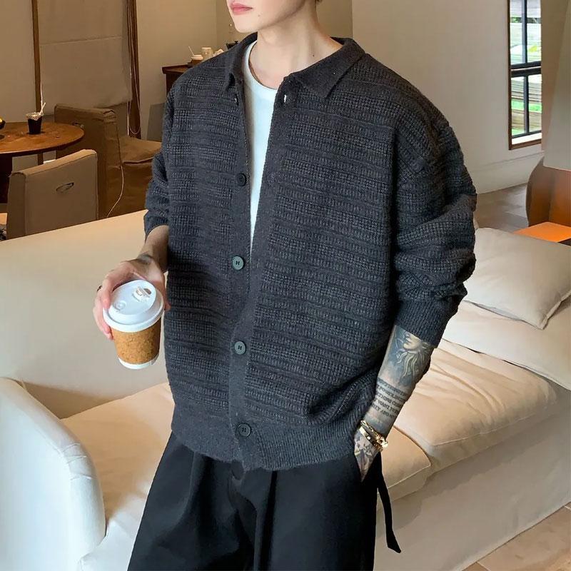 Basic Vintage Turn-down Collar Sweaters Men's Clothing Solid Color Autumn Winter Loose Casual Single-breasted Knitted Cardigan