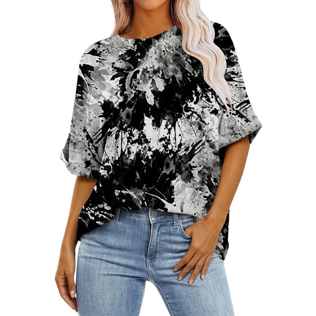 Stripete graduerte trykk rund hals kortermet for kvinner Sommer Uformell Løs mote Pullover T-skjorte Arbeidsferie Pustende Lett Compy Topp