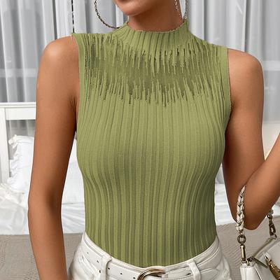 Spring Summer Sleeveless High Collar Solid Color Knitted Tank Top Vest