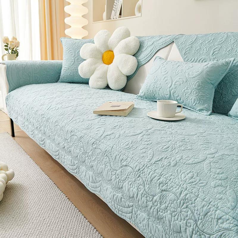 Quilted Cotton Clip Fabric Sofa Cushion Four Season Universal Anti Slip Cushions Retro 3D Embroidery Pattern Skin Friendly Soft Couch Mats Home Decora