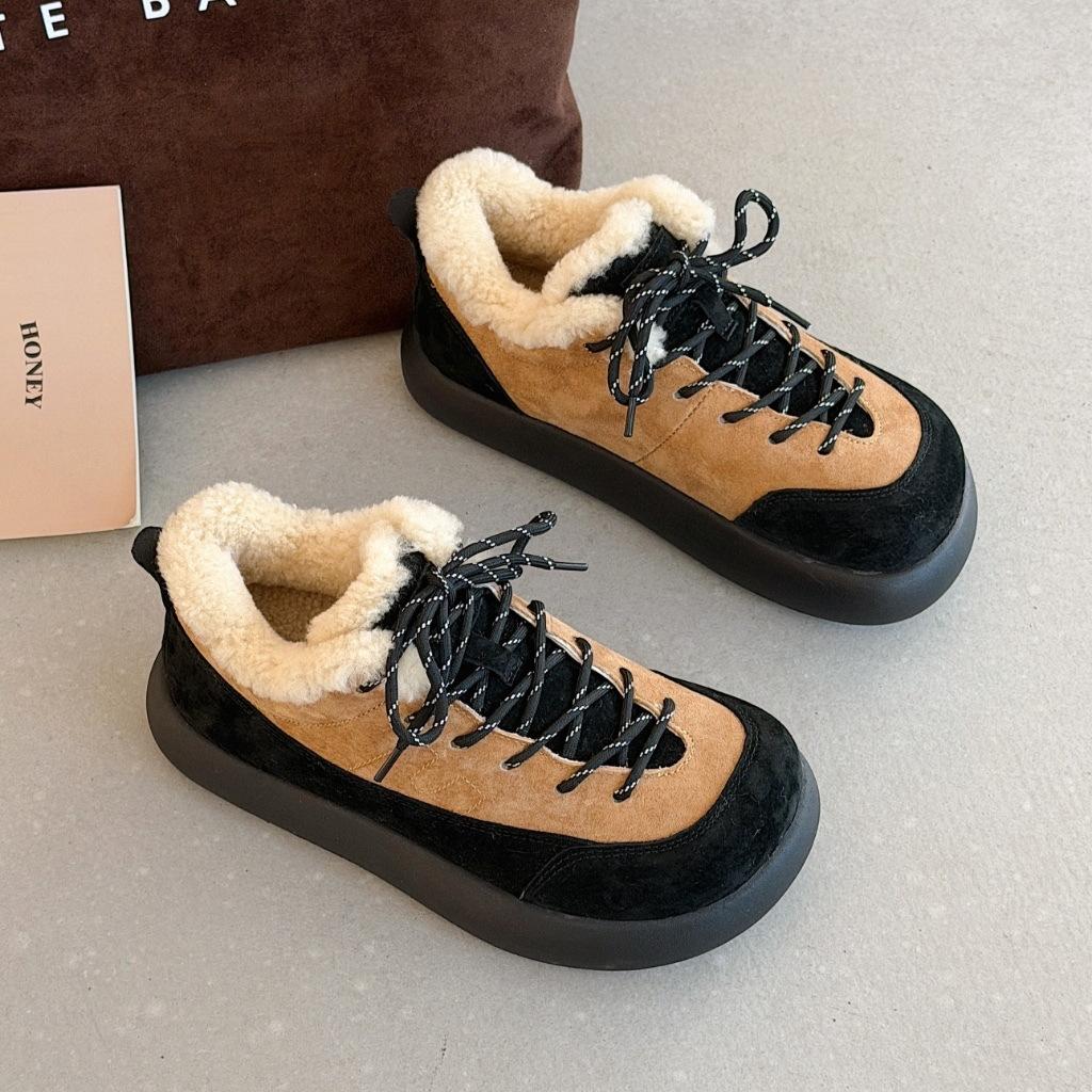 Leather color matching lace-up platform bread shoes women's 2025 winter inner warm snow boots outdoor casual cotton shoes tide