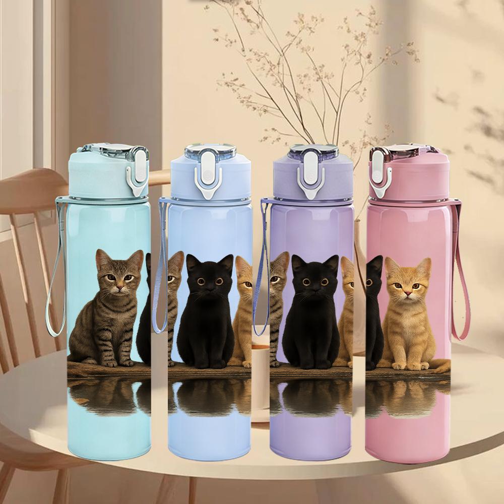 1PC Three Cats Wooden Platform Portrait 750ml Color Plastic Sports Water Bottle Leakproof Flip Straw Lid Suitable for Sports Office Home Use
