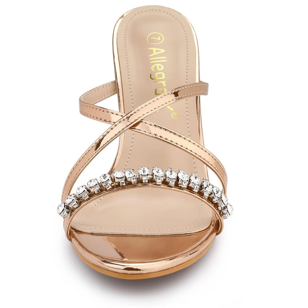 Allegra K Women's Rose Gold Slide Mule Sandals with Rhinestones, Cross Strap, Block Heel, Size 24.0cm