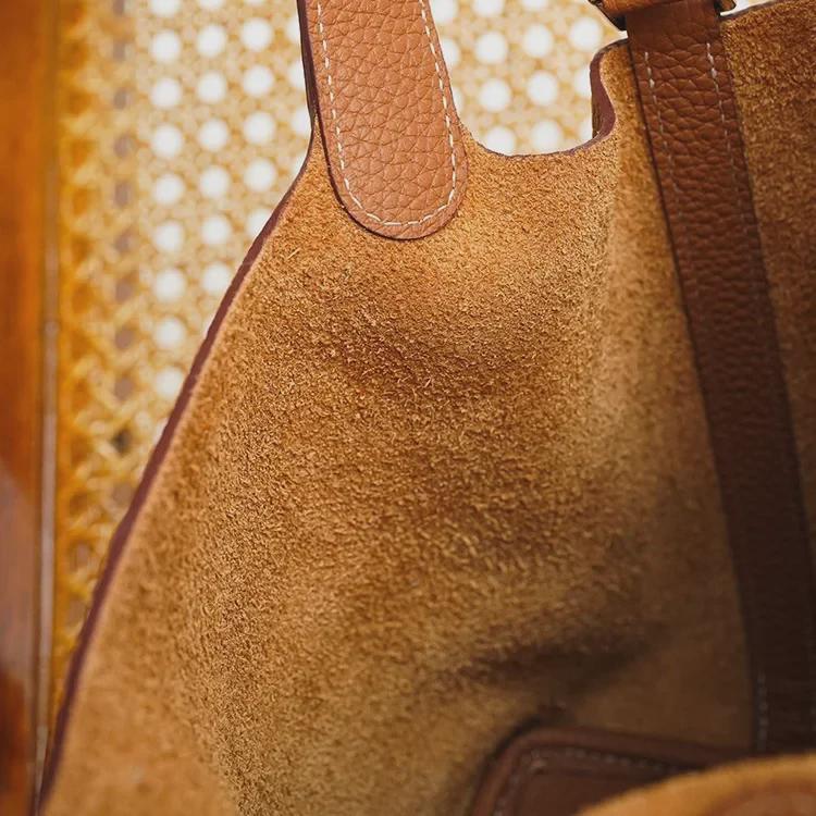 Black Genuine Leather Lychee Pattern Bucket Tote Bag for Women