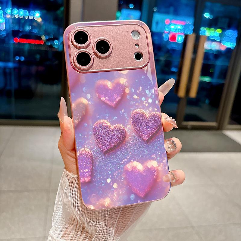 Glitter Purple Heart Pink Metallic Glass Phone Case For iPhone 11 12 13 14 15 16 17 Pro Max Plus 17Air 16E 7 8 XsMax Back Cover