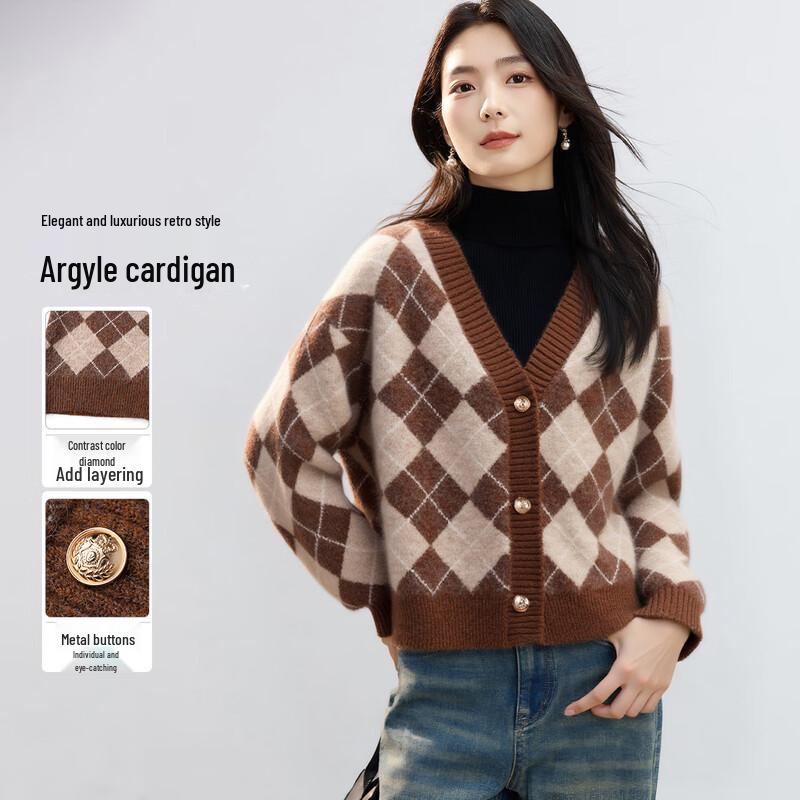 Women's Wool Blend V-Neck Contrast Diamond Knit Sweater