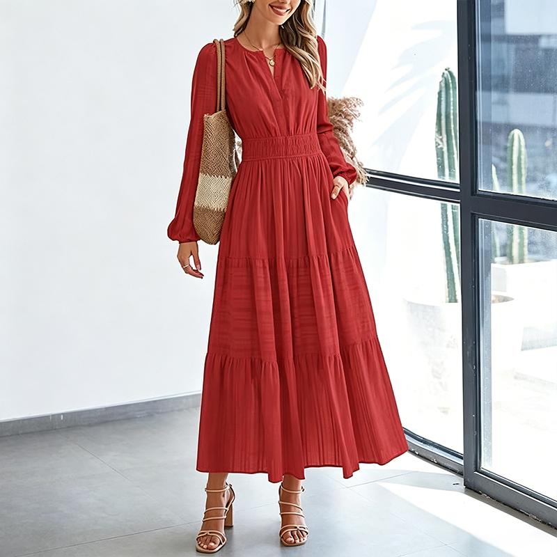 Abito Lungo da Donna con Scollo a V, Manica Lunga, a Strati, Vita Arricciata, Orlo a Volant, Abito Casual per Primavera ed Estate