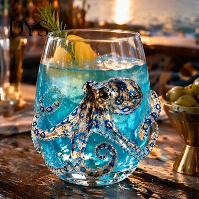 Decorative Ocean Theme Barware 12oz Octopus Water Cup, Embossed Design, Hand Painted Marine Style Artisan Crafted Decor Cup Drinking for Lovers