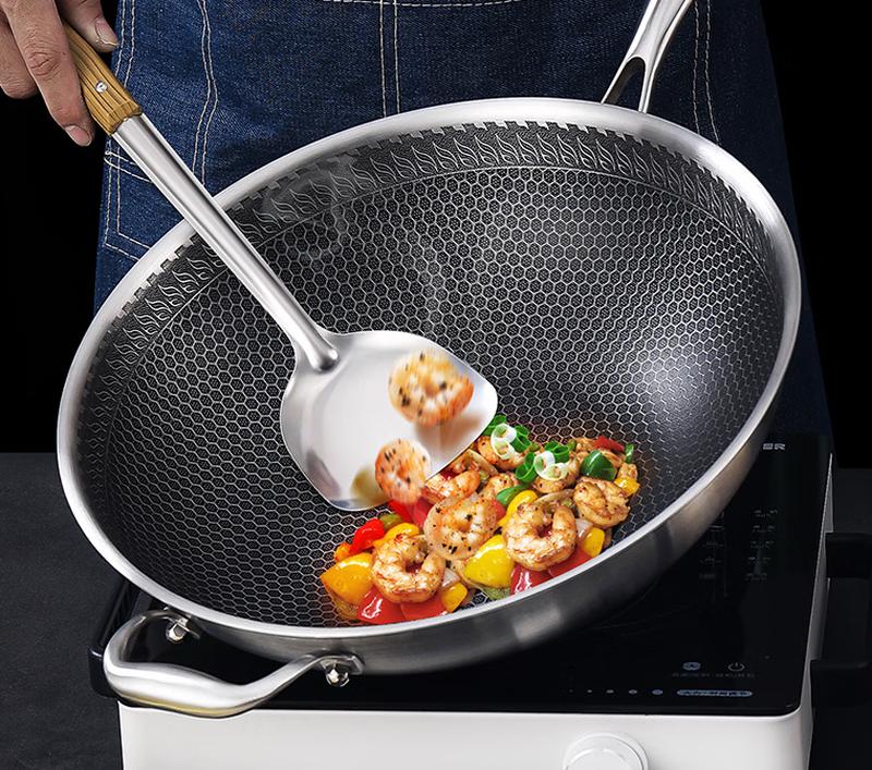 ZISIZ 32cm 304 Stainless Steel Non-stick Honeycomb Wok
