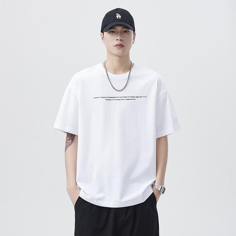 New Summer Japanese Style Letter Front Chest Print 190g Loose Round Neck T-shirt