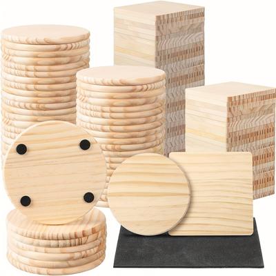 72 Pcs Wood Coasters 3.94 Inch Blank Wooden Coasters for Crafts with Non Slip Foam Pad Stickers Wooden Craft Coasters for DIY Painting Wood Engraving
