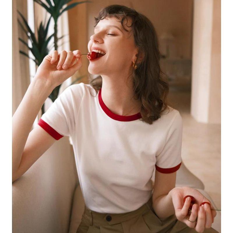 

Белая футболка из чистого хлопка с короткими рукавами в художественном стиле во французском стиле, винтажном стиле, с красным воротником контрастного цвета, женские летние топы White Red Collar S