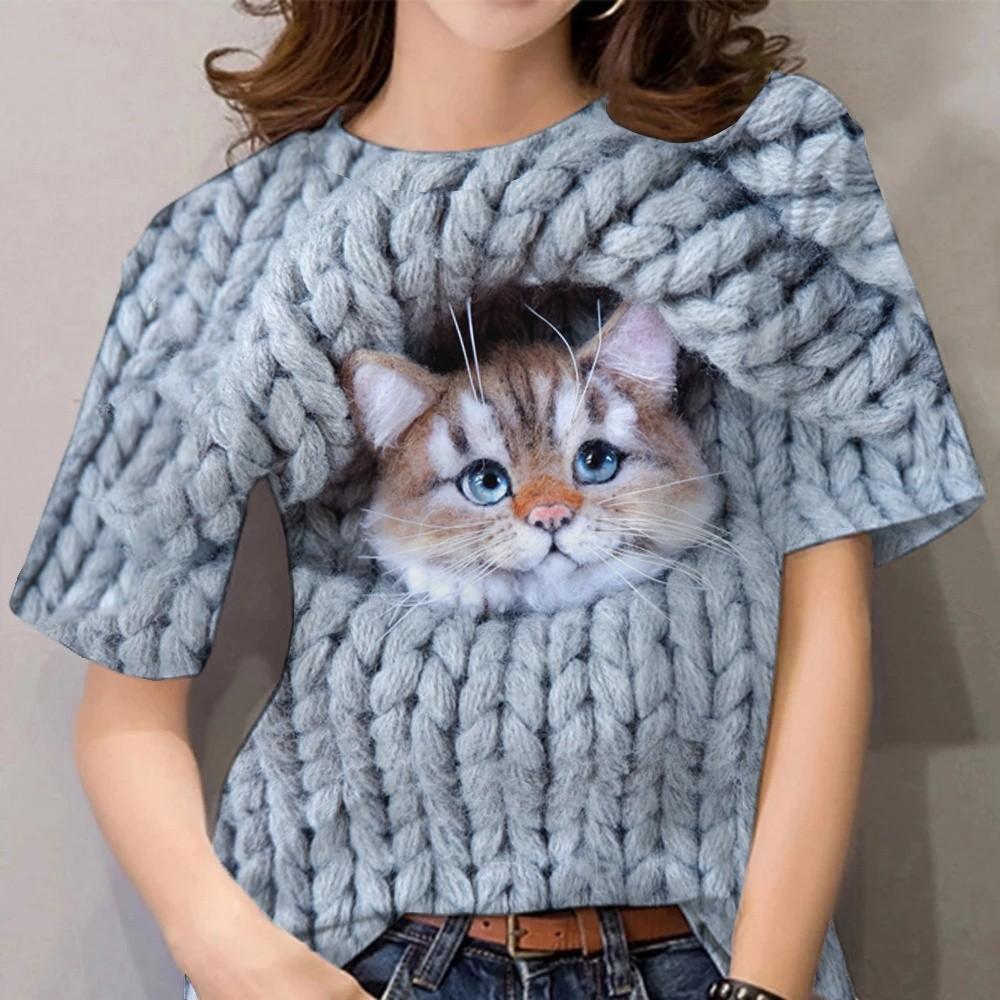 Summer Women's T-shirt - Cute 3D Cat Printed Short Sleeve