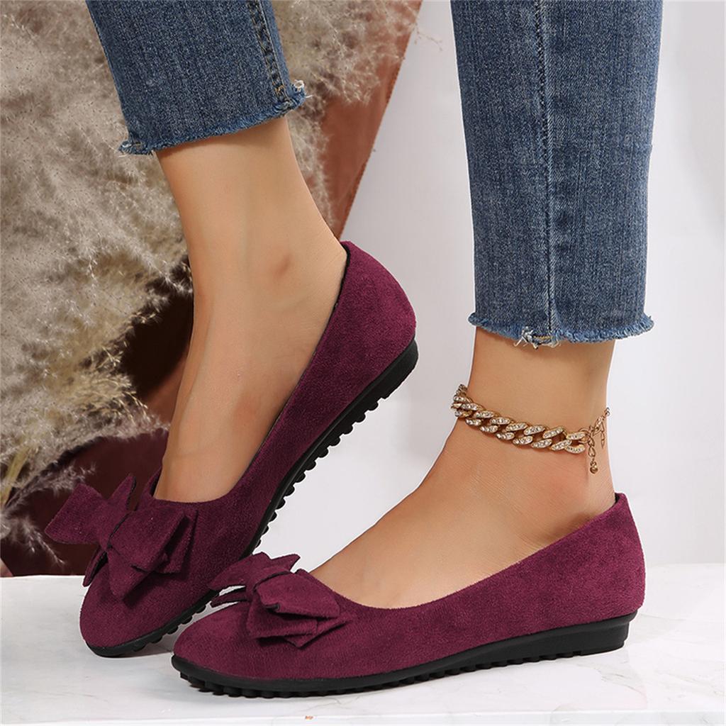 2025 Spring and Autumn New Soft Bottom Suede Bow Solid Color Non-slip Large Size Casual Versatile Foreign Trade Light Mouth Single Shoes